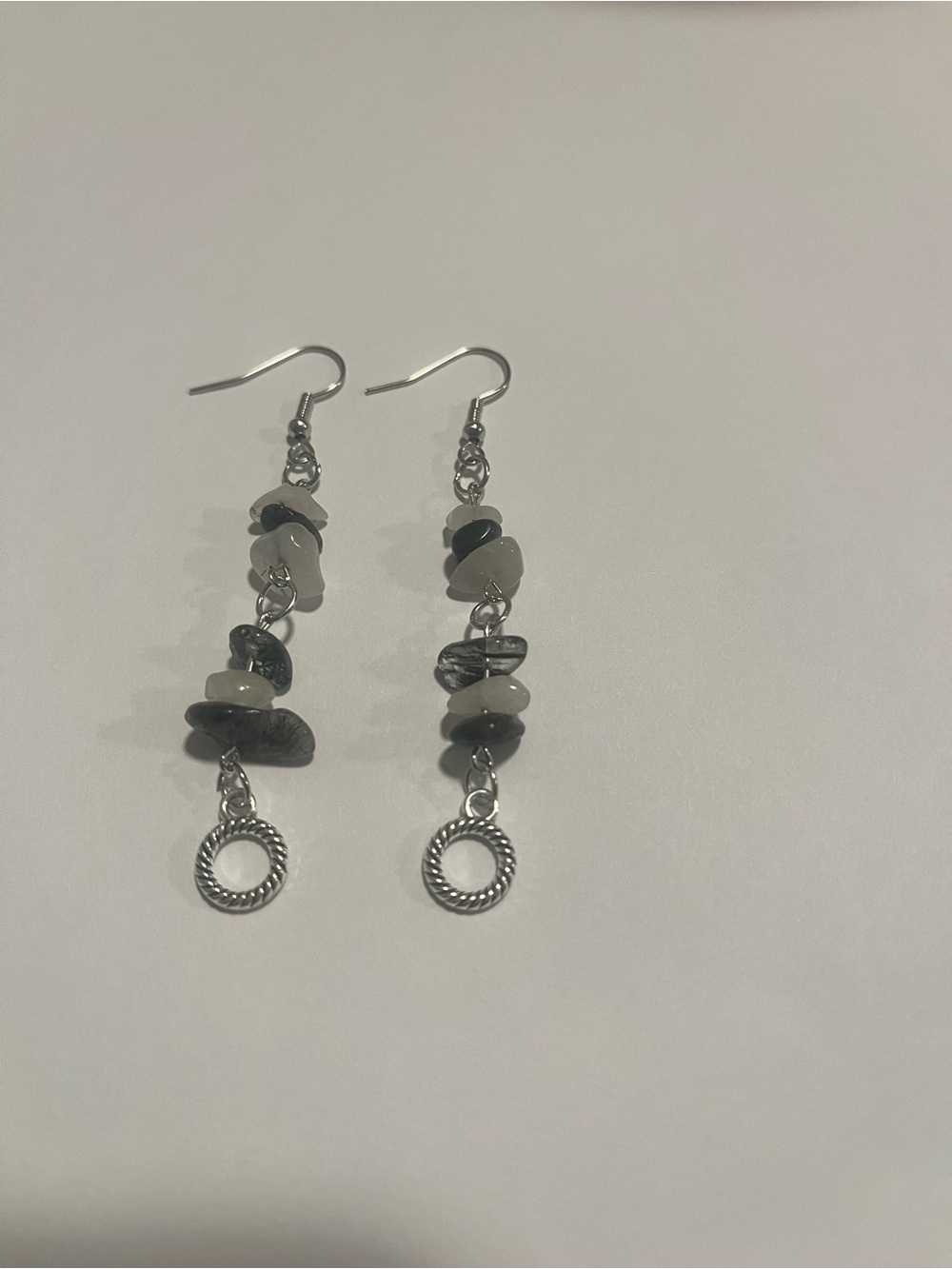 Handmade Black Crystal Stone Dangle Earrings Silver Black White